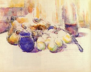 Blue Pot and Bottle of Wine also known as Still Life with Pears and Apples, Covered Blue Jar, and a Bottle of Wine by Oil Painting Reproduction